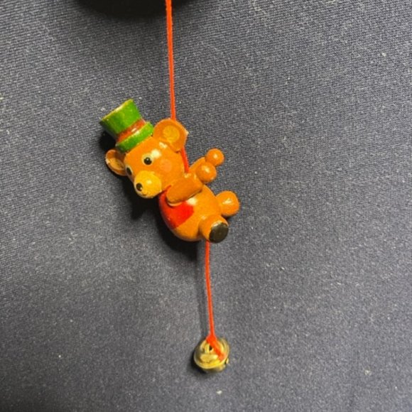 VTG Wooden Christmas Bell w/Hanging Bear & Jingle Bell Ornament 7" - Picture 3 of 12